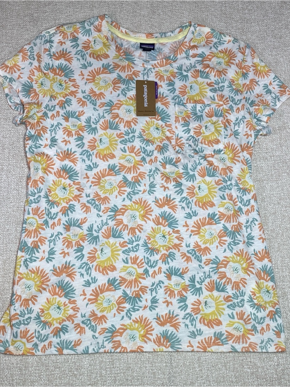 NWT Patagonia Mainstay Tee Women M Aurea Blooms Raw Linen Floral Pocket Shirt